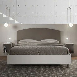 Lit sans sommier 160x200 tête de lit structure frêne blanc Antilia mélamine/simili cuir cappuccino