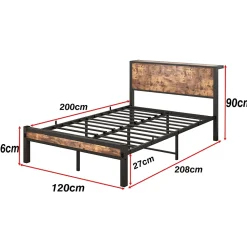 Lit Simple - Lit Métal 120x200 cm avec Tête de Lit et Rangement pour Ado - MDF et Métal - Marron - sans Matelas