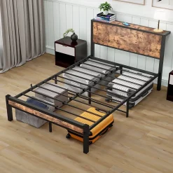 Lit Simple - Lit Métal 120x200 cm avec Tête de Lit et Rangement pour Ado - MDF et Métal - Marron - sans Matelas