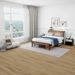 Lit Simple - Lit Métal 120x200 cm avec Tête de Lit et Rangement pour Ado - MDF et Métal - Marron - sans Matelas