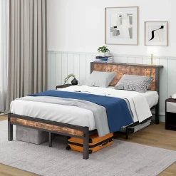 Lit Simple - Lit Métal 120x200 cm avec Tête de Lit et Rangement pour Ado - MDF et Métal - Marron - sans Matelas