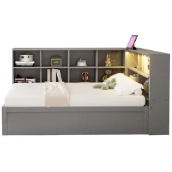 Lit simple 90 par 200 cm en bois massif avec prises multiples rangements et barre lumineuse systeme hydraulique gris