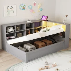 Lit simple 90 par 200 cm en bois massif avec prises multiples rangements et barre lumineuse systeme hydraulique gris