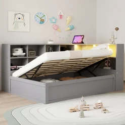 Lit simple 90 par 200 cm en bois massif avec prises multiples rangements et barre lumineuse systeme hydraulique gris