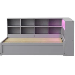 Lit simple 90 par 200 cm en bois massif avec prises multiples rangements et barre lumineuse systeme hydraulique gris