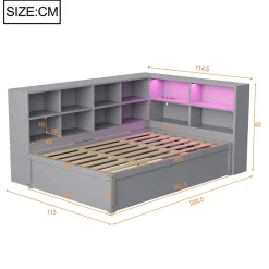 Lit simple 90 par 200 cm en bois massif avec prises multiples rangements et barre lumineuse systeme hydraulique gris
