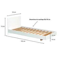Lit simple 1 place 90x190cm Blanc avec sommier LIFA