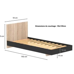 Lit simple 1 place 90x190cm Noir et Artisan avec sommier LIFA
