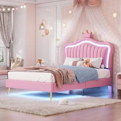 Lit simple 90 sur 200 cm cadre en PU cuir rose style couronne avec LED sommier et tête de lit matelas non inclus