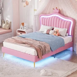 Lit simple 90 sur 200 cm cadre en PU cuir rose style couronne avec LED sommier et tête de lit matelas non inclus