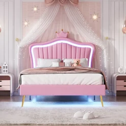 Lit simple 90 sur 200 cm cadre en PU cuir rose style couronne avec LED sommier et tête de lit matelas non inclus