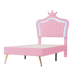 Lit simple 90 sur 200 cm cadre en PU cuir rose style couronne avec LED sommier et tête de lit matelas non inclus