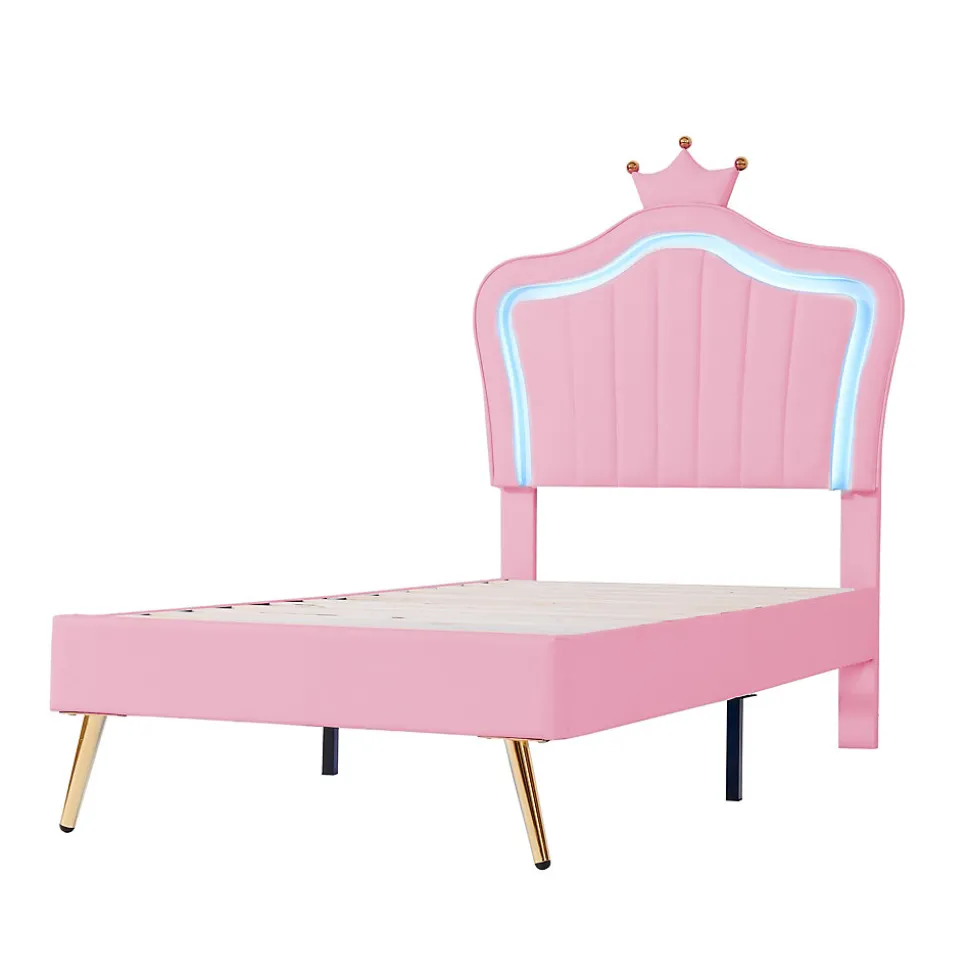Lit simple 90 sur 200 cm cadre en PU cuir rose style couronne avec LED sommier et tête de lit matelas non inclus