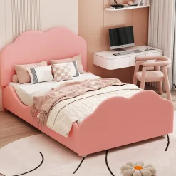 Lit simple 90 sur 200 cm cadre avec barrières tête et pied en forme de nuage en velours doux rose