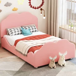 Lit simple 90 sur 200 cm cadre avec barrières tête et pied en forme de nuage en velours doux rose