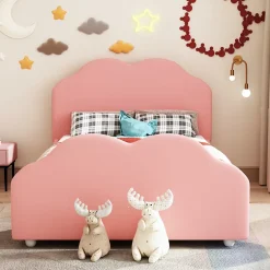 Lit simple 90 sur 200 cm cadre avec barrières tête et pied en forme de nuage en velours doux rose
