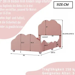 Lit simple 90 sur 200 cm cadre avec barrières tête et pied en forme de nuage en velours doux rose