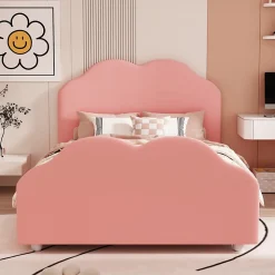 Lit simple 90 sur 200 cm cadre avec barrières tête et pied en forme de nuage en velours doux rose