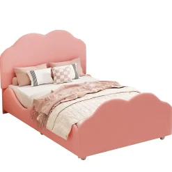 Lit simple 90 sur 200 cm cadre avec barrières tête et pied en forme de nuage en velours doux rose