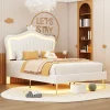 Lit simple 90 sur 200 cm cadre en PU cuir blanc style couronne avec LED sommier et tête de lit matelas non inclus