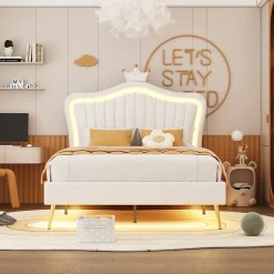 Lit simple 90 sur 200 cm cadre en PU cuir blanc style couronne avec LED sommier et tête de lit matelas non inclus