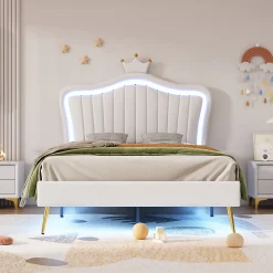 Lit simple 90 sur 200 cm cadre en PU cuir blanc style couronne avec LED sommier et tête de lit matelas non inclus