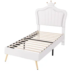 Lit simple 90 sur 200 cm cadre en PU cuir blanc style couronne avec LED sommier et tête de lit matelas non inclus