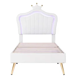 Lit simple 90 sur 200 cm cadre en PU cuir blanc style couronne avec LED sommier et tête de lit matelas non inclus
