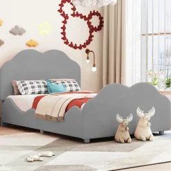 Lit simple 90 sur 200 cm cadre avec barrières tête et pied en forme de nuage en velours doux gris