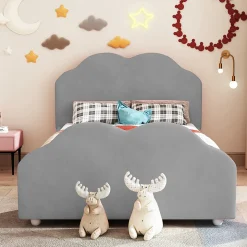 Lit simple 90 sur 200 cm cadre avec barrières tête et pied en forme de nuage en velours doux gris
