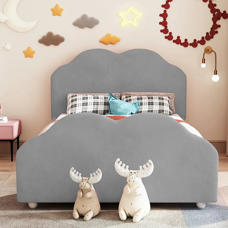 Lit simple 90 sur 200 cm cadre avec barrières tête et pied en forme de nuage en velours doux gris