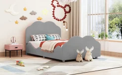 Lit simple 90 sur 200 cm cadre avec barrières tête et pied en forme de nuage en velours doux gris