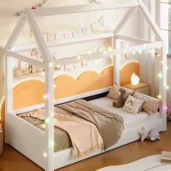 Lit Simple 90 x 200 cm - Canapé-Lit avec Éclairage LED Intégré, Gain de Place pour Chambre, Bois Massif, Sans Matelas, Beige