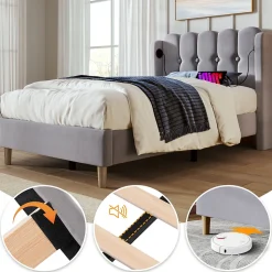 Lit Simple 90 x 200 Cm - Lit Adult avec Chargement USB Type-C - Lin, MDF, Métal - Sans Matelas - Gris