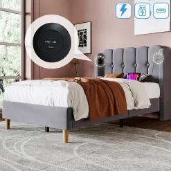 Lit Simple 90 x 200 Cm - Lit Adult avec Chargement USB Type-C - Lin, MDF, Métal - Sans Matelas - Gris