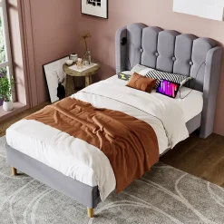 Lit Simple 90 x 200 Cm - Lit Adult avec Chargement USB Type-C - Lin, MDF, Métal - Sans Matelas - Gris