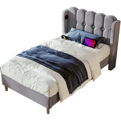 Lit Simple 90 x 200 Cm - Lit Adult avec Chargement USB Type-C - Lin, MDF, Métal - Sans Matelas - Gris