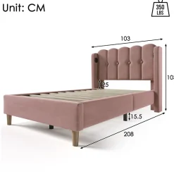 Lit Simple 90 x 200 Cm - Lit Adult avec Chargement USB Type-C - Velours, MDF, Métal - Sans Matelas - Rose