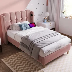 Lit Simple 90 x 200 Cm - Lit Adult avec Chargement USB Type-C - Velours, MDF, Métal - Sans Matelas - Rose