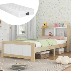 Lit simple 90 x 200 cm - Lit avec Tête de Lit Rangement - Bois Massif + MDF - avec Matelas - Blanc