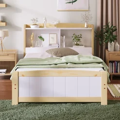 Lit simple 90 x 200 cm - Lit avec Tête de Lit Rangement - Bois Massif + MDF - avec Matelas - Blanc