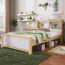 Lit simple 90 x 200 cm - Lit avec Tête de Lit Rangement - Bois Massif + MDF - avec Matelas - Blanc