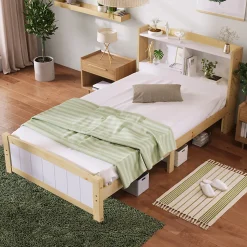 Lit simple 90 x 200 cm - Lit avec Rangement Tête de Lit - Bois Massif et MDF - Sans Matelas - Blanc