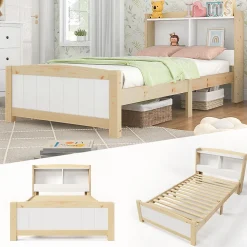 Lit simple 90 x 200 cm - Lit avec Rangement Tête de Lit - Bois Massif et MDF - Sans Matelas - Blanc