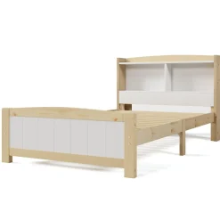 Lit simple 90 x 200 cm - Lit avec Rangement Tête de Lit - Bois Massif et MDF - Sans Matelas - Blanc