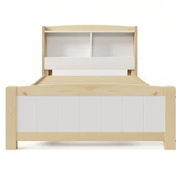Lit simple 90 x 200 cm - Lit avec Rangement Tête de Lit - Bois Massif et MDF - Sans Matelas - Blanc
