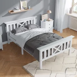 Lit Simple 90 x 200 Cm - Lit Classique avec Sommier à Lattes et Tête de Lit - Pin Massif, MDF - Sans Matelas - Blanc