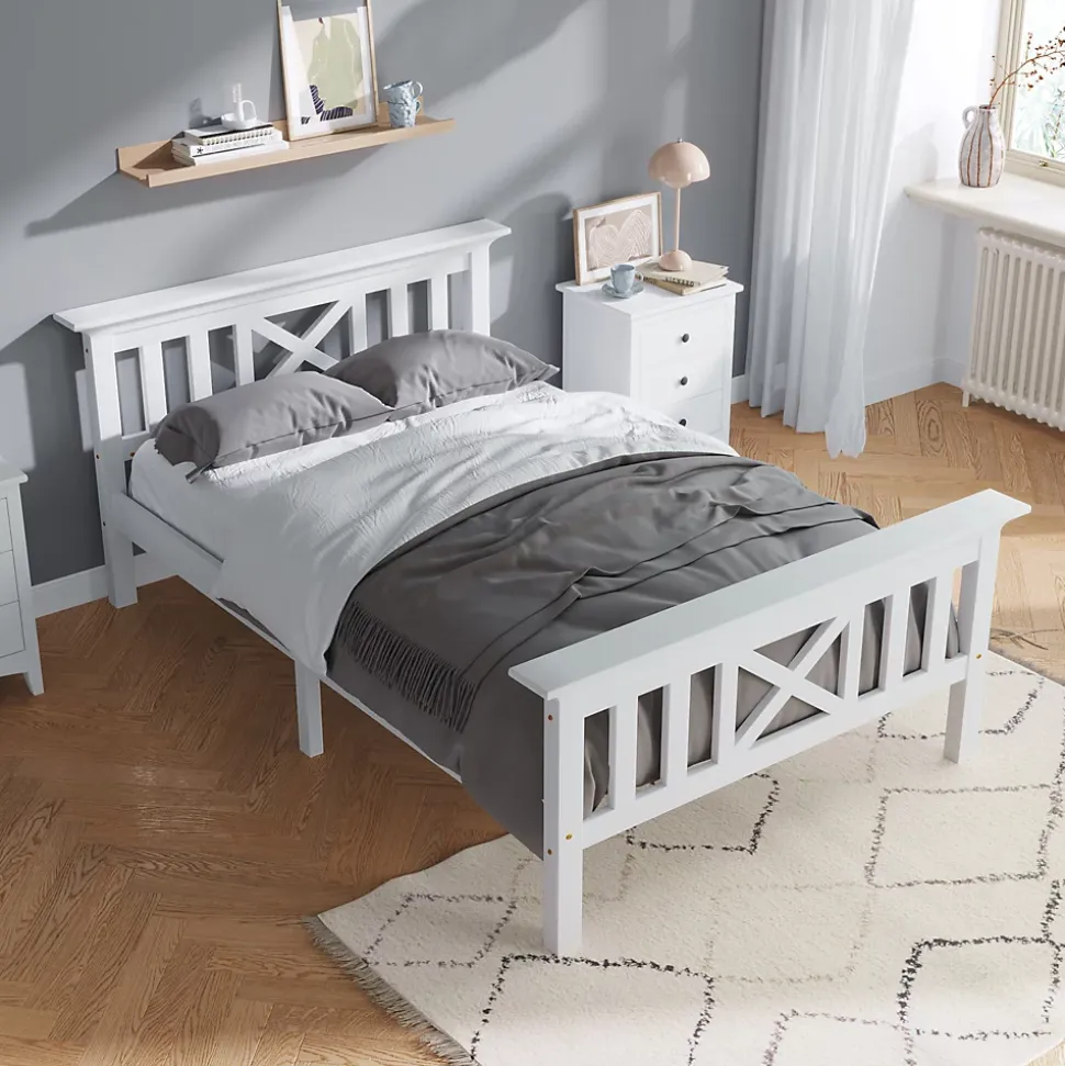 Lit Simple 90 x 200 Cm - Lit Classique avec Sommier à Lattes et Tête de Lit - Pin Massif, MDF - Sans Matelas - Blanc