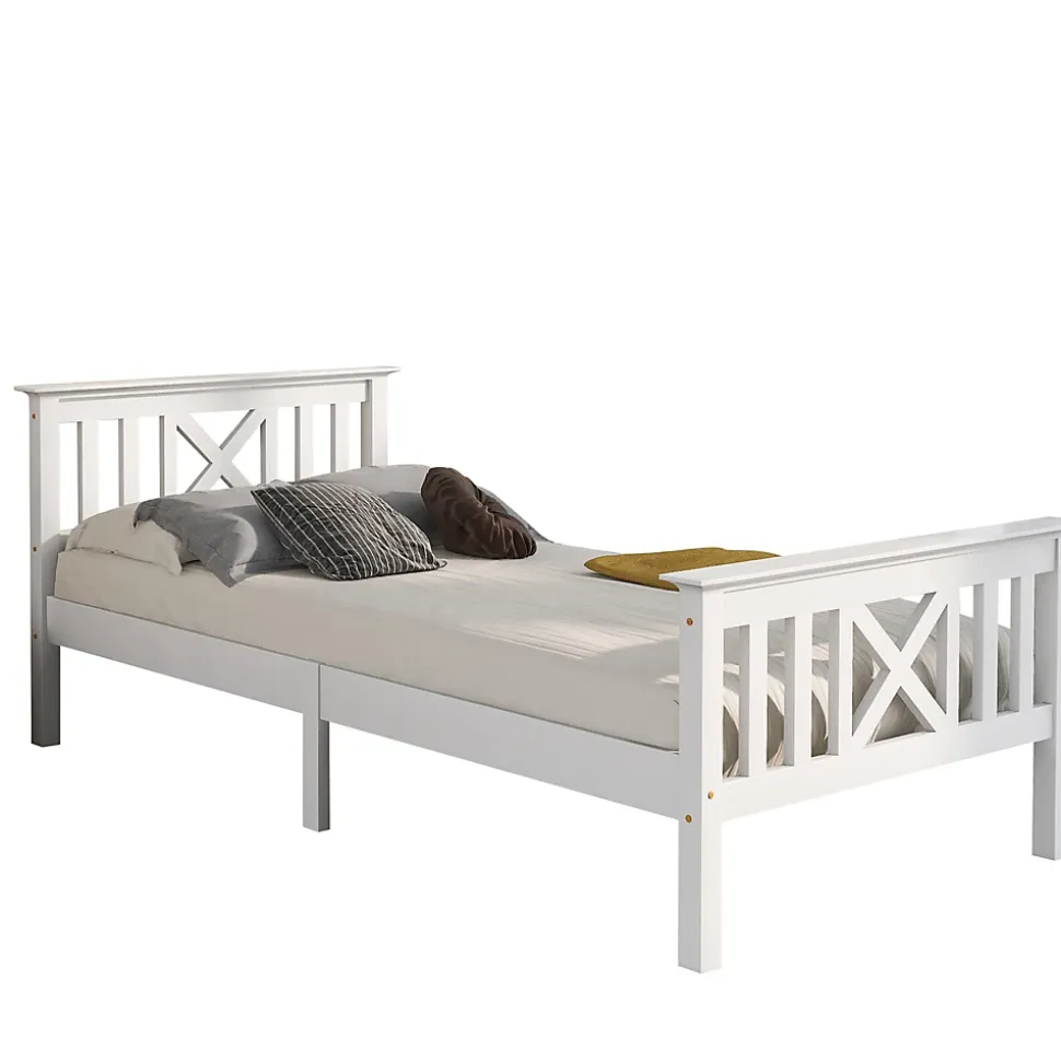 Lit Simple 90 x 200 Cm - Lit Classique avec Sommier à Lattes et Tête de Lit - Pin Massif, MDF - Sans Matelas - Blanc