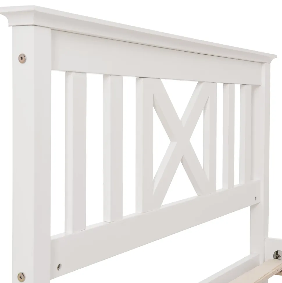 Lit Simple 90 x 200 Cm - Lit Classique avec Sommier à Lattes et Tête de Lit - Pin Massif, MDF - Sans Matelas - Blanc